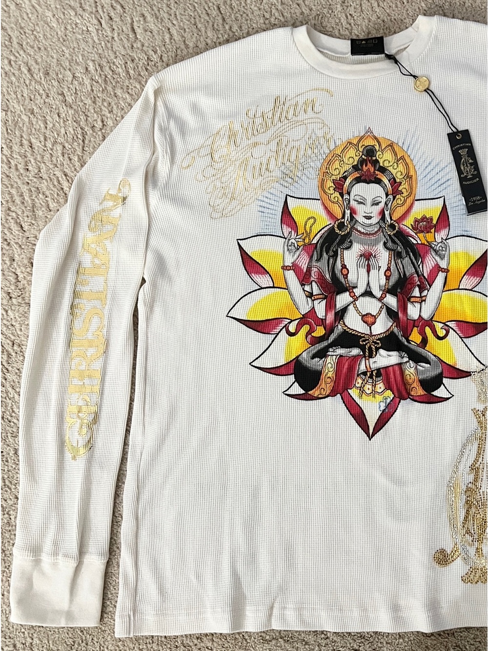 Christian Audigier White Thermal Top with Multicolor Lotus Graphic